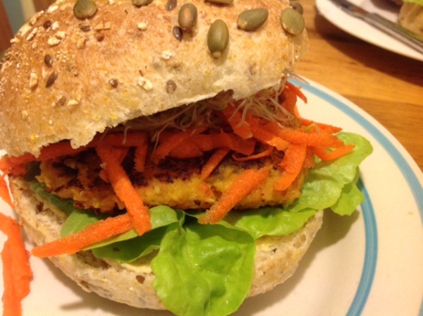 Red lentil burger on a seeded wholegrain bun